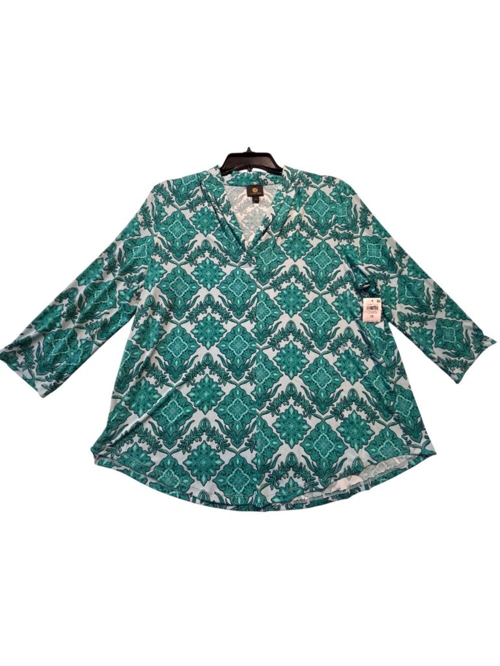 JM Collection 1X Teal & White V-Neck Top 3/4 Sleeves Floral Pattern Lightweight